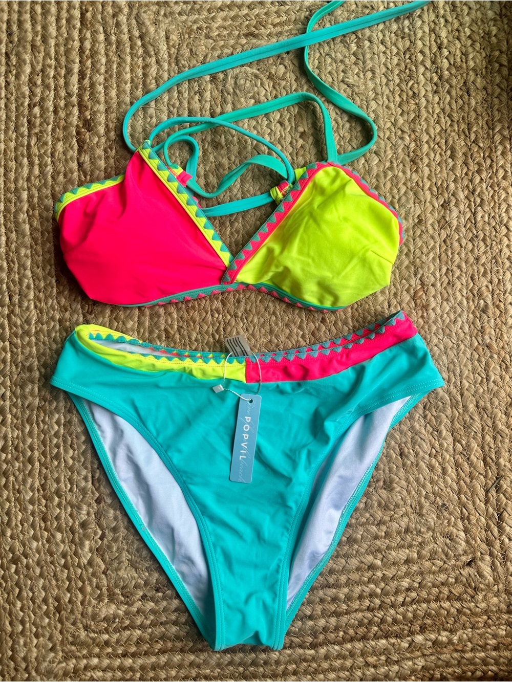 POPVIL Colorblock Turquoise, Hot Pink & Neon Yellow Bikini Set